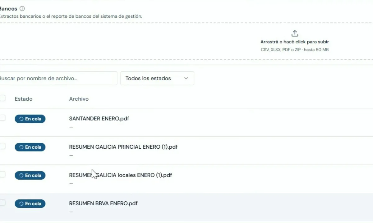 Extractos de Santander, Galicia y BBVA subidos y en cola para procesar