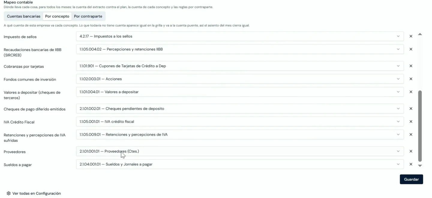 Mapeo contable por concepto: cada concepto del extracto con su cuenta del plan